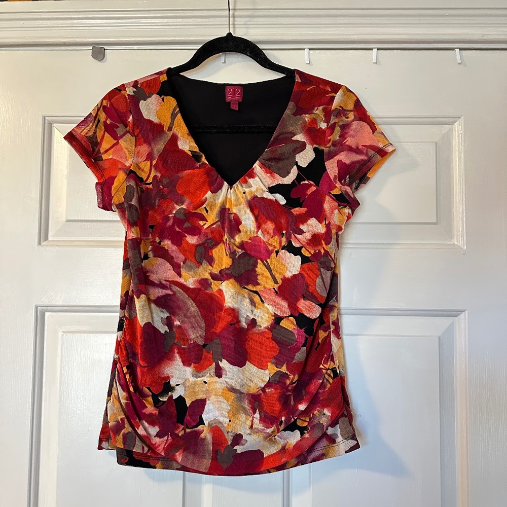 212 Collection Short-Sleeved V-Neck Ruched Blouse Floral Women's Size Small